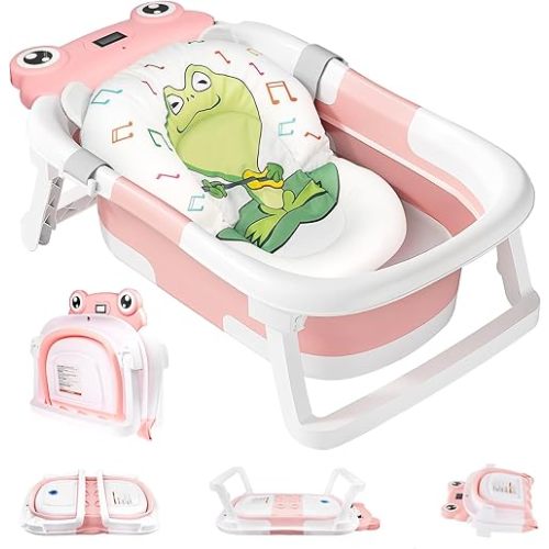 Collapsible Baby Bathtub, Foldable Baby Bath Tub with Temperature Sensor & Soft Bath Cushion, Portable Baby Folding Bathtub for Newborn Infants 0-36 Month (Pink)