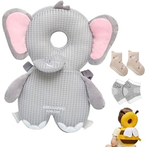 Baby Head Protection Backpack Fall Back Head Protector Adjustable Toddlers Head Safety Pad with Baby Knee Pads (Gray Elephant)