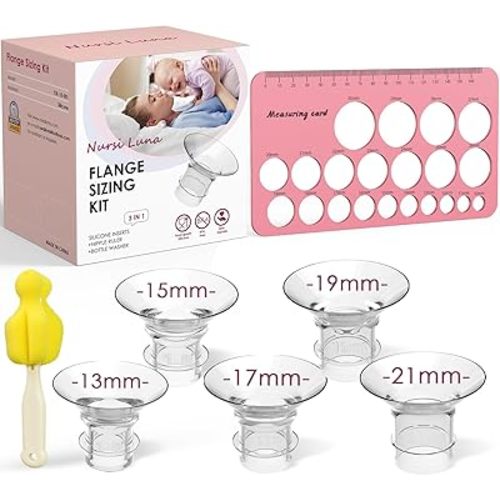 Flange Sizing Kit 3 in 1 Ultimate with 5PCS Flange Inserts 13/15/17/19/21mm, Nipple Ruler, Cleaning Brush, Silicone Flange Insert Kit for 24mm Most Pumps, Pumping Breastfeeding Essentials