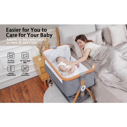Baby Bassinet, Bedside Bassinet for Baby, 6 Height Adjustable Baby Bed, 3 in 1 Bassinet Bedside Sleeper with Wheels, Mosquito Net, Portable Bedside Crib for Infant/Baby/Newborn (Light Grey)