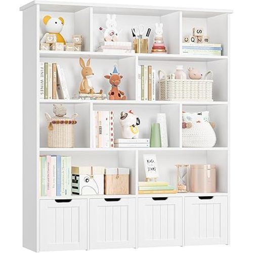 FINETONES 57.5”H Large Toy Storage Organizer, Tall Kids Bookshelf with 4 Movable Drawers and 10 Storage Cubbies, Toy Organizers and Storage Kids Storage Organizer Playroom Storage for Kids Room