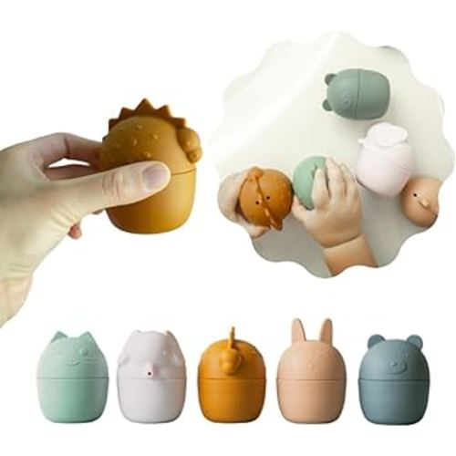 Rayplay - 100% Food Grade Silicone Bath Toys for Toddlers 1-3 Year Old - Set of 5 Collapsible Bathtub Toys Featuring Dinosaur & Farm Animals - Fun Dishwasher Safe Water Toys for Toddlers and Babies