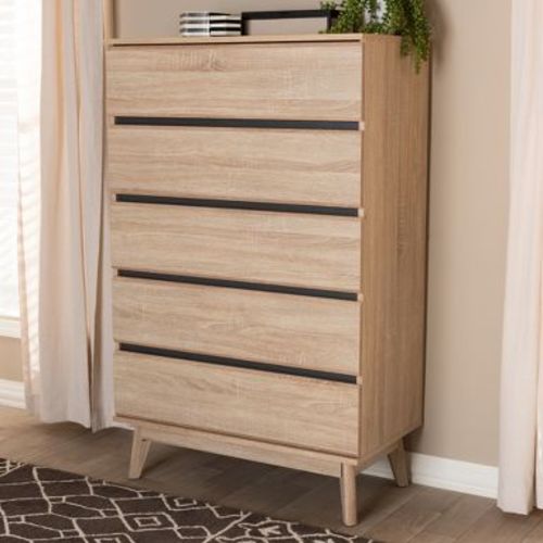 Baxton Studio Mirren Light Oak 5 Drawer Chest Brown/Dark Gray: Wood Composite, Vertical Storage, Includes Anti-Tip Hardware