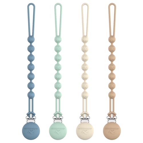 Cuddle Campus Silicone Pacifier Clip Holder with One Piece Design, Pack of 4 Soft Flexible Binky Clips with Texture for Baby Boy and Girl (0-6M) Set 1