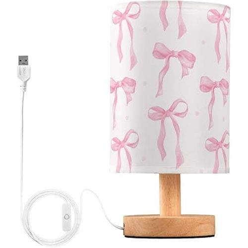 Pink Bow Bedside Table Lamp Nightstand Lamp with Wood Base Night Light Linen Fabric Shade for Bedroom Living Room Nursery Office Desk