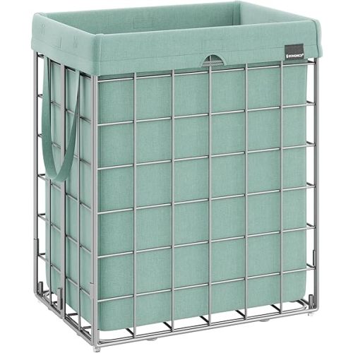 SONGMICS Laundry Hamper, 23.8 Gal. (90L) Laundry Basket, Collapsible Clothes Hamper, Removable and Washable Liner, Metal Wire Frame, for Bedroom Bathroom, Silver and Mint Green ULCB190C01