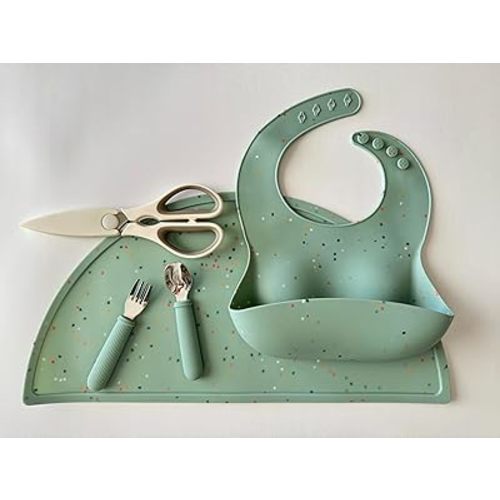 Silicone Bib and Placemat, Silverware & Shears for on the go Kids | BPA-Free Non-Slip Design (Confetti) all in a convienent, easy to clean pouch