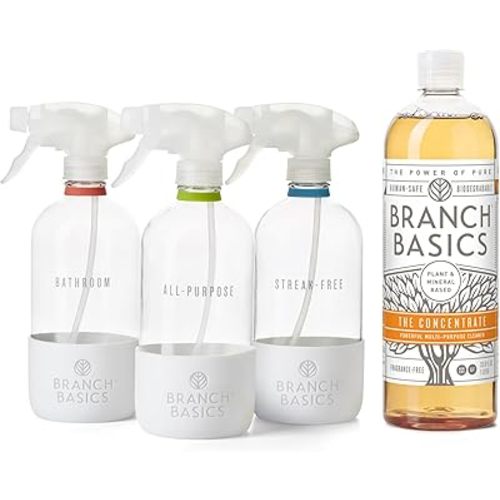 Branch Basics Cleaning Essentials Kit in Glass: All Purpose Cleaner, Glass Cleaner, and Bathroom Cleaner - Concentrate (33.8 Oz) + Glass Spray Bottles for Cleaning (24 Oz) Fragrance-Free
