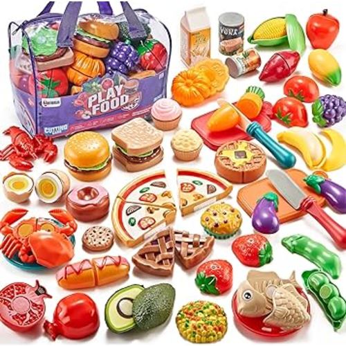 Pretend Play Food for Kids Kitchen - 78Pc Cutting Toy Food with Storage Bag, Food Toys with Veggies, Fruits, Fake Food with Pizza Toy, Pretend Food, Play Kitchen Accessories, Boys Girls Gift