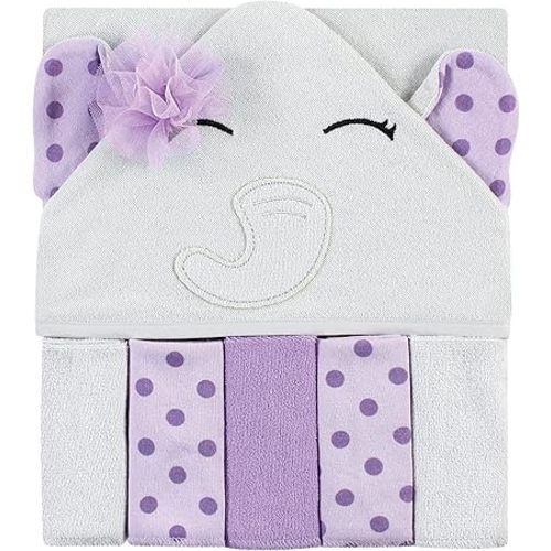 Hudson Baby Unisex Baby Hooded Towel and Five Washcloths, Purple Dots Pretty Elephant, One Size