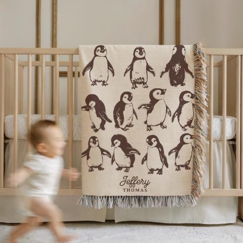 Penguin Baby Blanket Personalized Name Baby Shower Gift Penguin Nursery Decor Custom Name Blanket Baby Penguin Gift Newborn Fringe Blanket