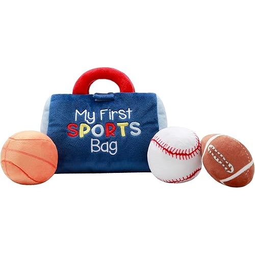 4 Piece Plush My First Sport Bag Play Set with Sensory Toy Balls for Baby, Blue All Sports, 6 inch, Basketball, Baseball, Football
