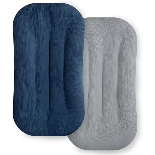 Ultra Soft Organic Muslin Baby Lounger Cover, Removable Loungers Slipcover Fit Newborn Baby Boys and Girls (Grey&Navy Blue)
