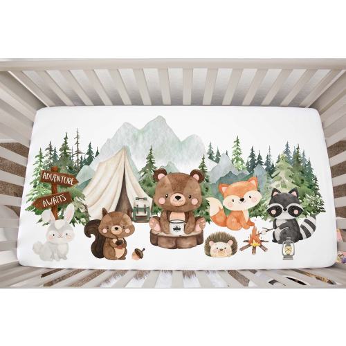Woodland Crib Sheet, Forest Crib Sheet, Woodland Crib Bedding, Adventure awaits, Camping Nursery, Forest Nursery - Camping critters