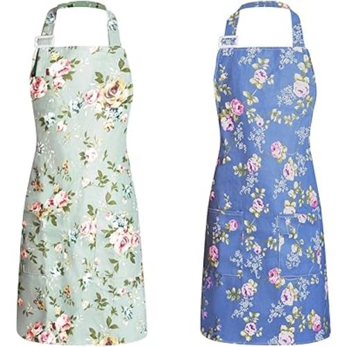 2 Pcs Adjustable Kitchen Aprons for Women - Floral Chef Aprons with Big Pockets, Ideal for Cooking, Baking & Gardening (Durable, Machine Washable)