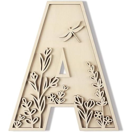 Layered 12 Inch Large Wooden Letters for Wall Decor, Flowered Paintable Wooden Nursery Letters for Crafts Wood Alphabet Letter A for Birthday Boho Nursery Name Sign Wedding Home Decoration