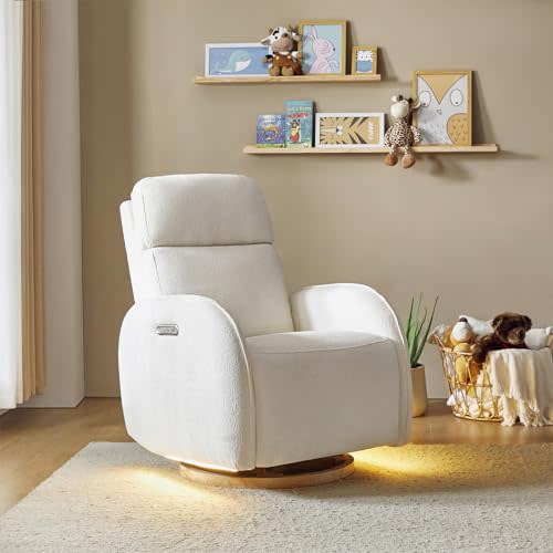 HULALA HOME Glider Recliner Nursery Chair with Adjustable Headrest and Lumbar Support, Modern Power Recliner with USB Port and Nightlight, Swivel Rocker Glider for Nursing Room Bedroom, White