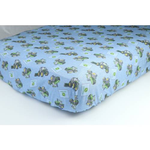 Tractor Crib Sheet Displaying John Deere Tractors and Logos, Blue Tractor Toss