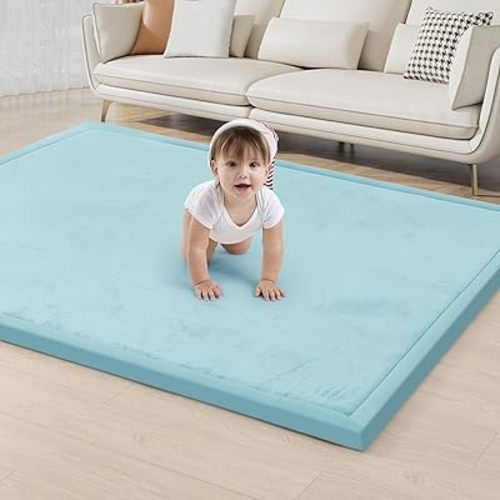 ACOMOPACK Baby Play Mat for Floor 1.3" Thick Memory Foam Play Mat 79"×157" Tummy Time Mat Playpen Mat with Non-slip Bottom for Living Room,Nursery,Soft Velvet Crawling Mat for Kids,Infants（Light Blue）