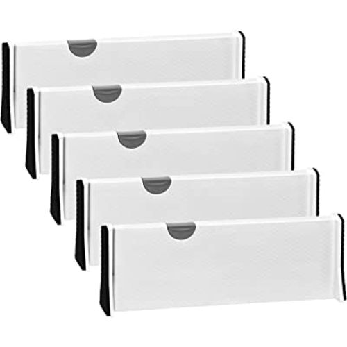 JONYJ Drawer Dividers Organizer 5 Pack, Adjustable Separators 4" High Expandable from 11-17" for Bedroom, Bathroom, Closet,Clothing, Office, Kitchen Storage, Strong Secure Hold, Foam Ends(White)