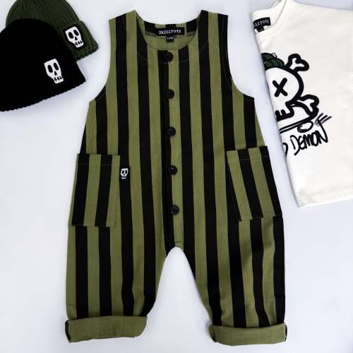 OLIVE GREEN & BLACK STRIPE OVERALL DUNGAREES