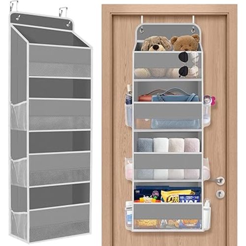 1 Pack Over The Door Organizer, Hanging Storage Organizer with Clear Window, 40lb Ultra Sturdy Large Capacity Room Organizer for Pantry Laundry Bathroom Nursery Closet Baby Essential (Grey)