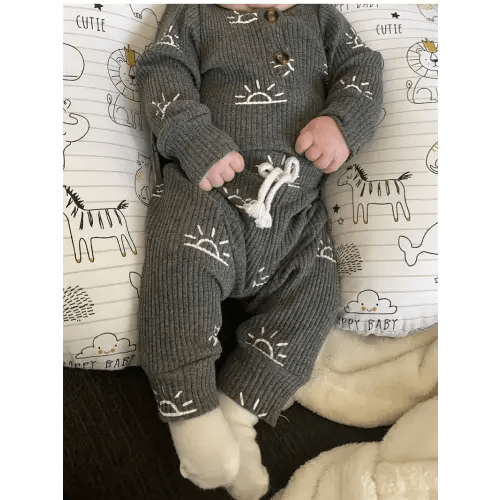 * Baby Boys Clothes Newborn Ribbed Long Sleeve Romper With Sun Pattern Pants Hat Outfits Set