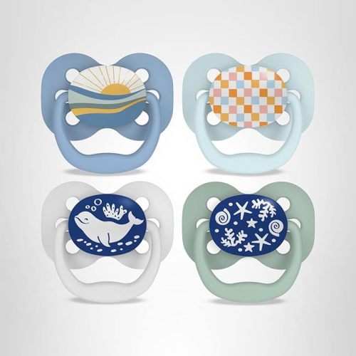 Dr. Brown's Advantage Glow-in-The-Dark Baby Pacifier, Fully Symmetrical Soother with Soft Silicone Bulb, Blue Sunrise-Blue Ocean, 0-6m, BPA Free, 4 Pack