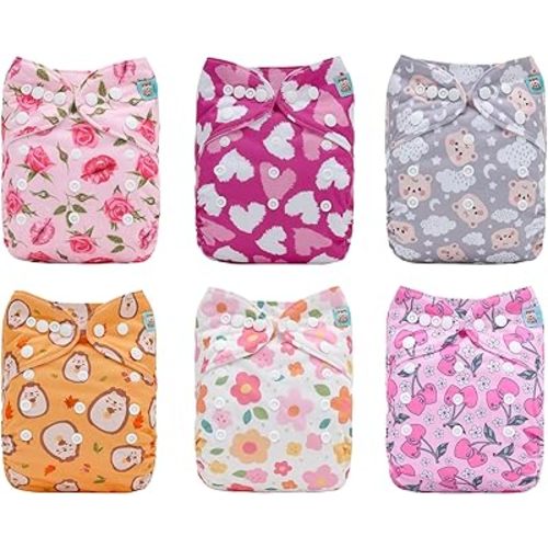 ALVABABY Baby Cloth Diaper 6 Pack with 12 Inserts One Size Cloth Diaper Covers Adjustable Washable Reusable for Baby Girls and Boys6DM54