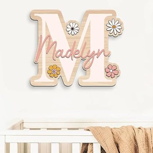 Personalized Name Sign For Nursery, Custom wooden monogram name sign, Letter sign, Boho flower name sign, Girls name wood sign, Baby room floral decor, Baby gift, Retro nursery sign s3
