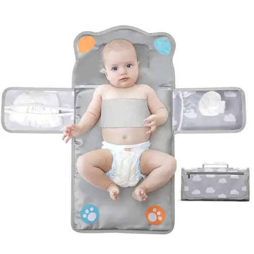 Anti Roll Diaper Changing Pad Mat with Swaddle Strap 3-in-1 Portable Waterproof Foldable Travel Station with Dual Storage Pockets, Built-in Pillow, Wipes Holder, Shower Gift for Newborns Girls, Boys