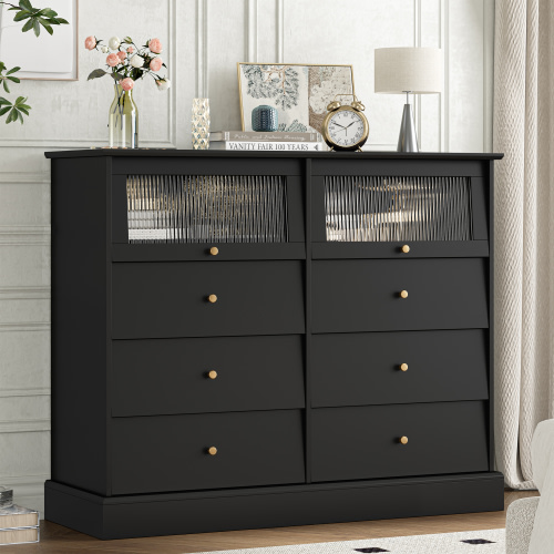 Homfa 8 Drawer Black Double Dresser for Bedroom, Glass Door Modern Wood Storage Cabinet for Living Room Hallway
