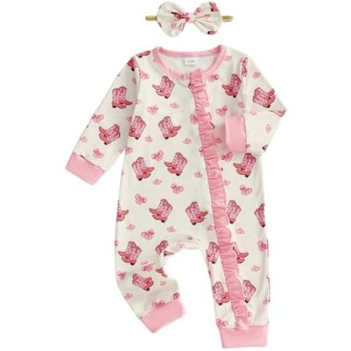 Newborn Baby Girl Western Clothes Ruffle Footie Romper Long Sleeve Zipper Jumpsuit Infant Cowgirl Coming Home Outfit
