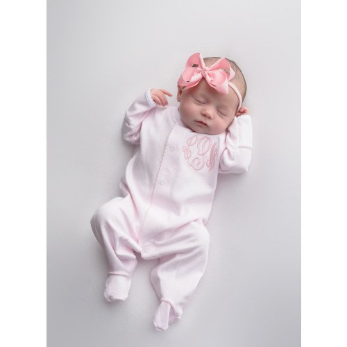 Baby girl coming home outfit, monogrammed footie, blanket, personalized outfit, pima cotton, baby shower gift, pink tiny stripes