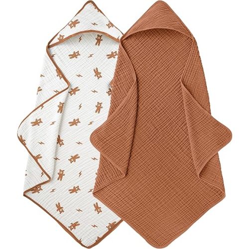 Muslin Hooded Baby Towels for Newborns, Toddler Bath Towel, 100% Cotton – 6 Layers Super Soft Absorbent Breathable, Baby Bath Towel, 32"x32", Newborn Essentials – Pack of 2