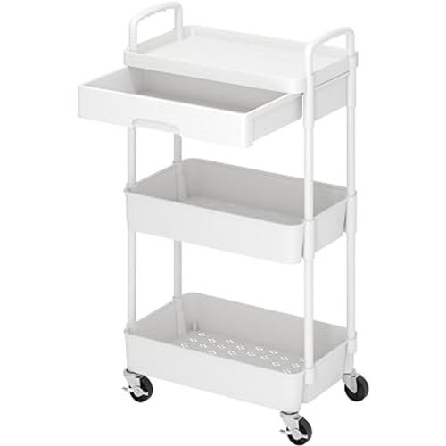 3-Tier Rolling Cart,Trolley with Drawer, Multifunctional Storage Organizer with Plastic Shelf & Metal Wheels, Kitchen Storage Cart for Living Room, Kitchen, Office, Bathroom, White