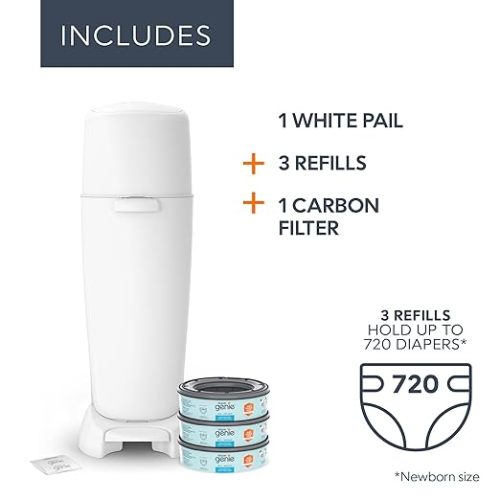 Diaper Genie Complete Diaper Pail (White) with Odor Control | Includes 1 Diaper Trash Can, 3 Refill Bags, 1 Carbon Filter - Pail + 3 Refill