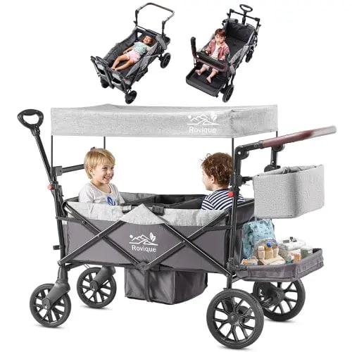 Wagon Stroller for 2 Kids, Foldable Toddler Wagon with Canopy & Removable Tray, Zipper Door, Full Suspension with 5-Point Harness, Stroller Organizer, Adjustable Handle, for 6+ Months