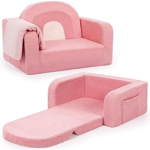 Kids Couch, 2-in-1 Soft Toddler Couch Fold Out with Blanket, Comfy Toddler Chair, Convertible Sofa to Lounger, Convertible Sofa to Lounger, Gifts for Kids Girl Boys, Medium Pink Rainbow