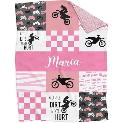 Personalized Motocross Pink Minky Baby Blankets with Name, Custom Dirt Bike Patchwork Design Blanket for Girls Kids - Registry Gifts - Soft Plush Infant Toddler Baby Newborn Blanket