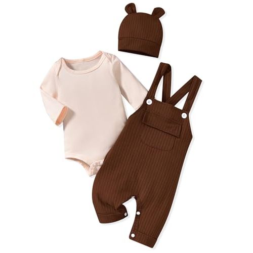 HINTINA Newbrn Baby Boy Clothes Long Sleeve Bodysut Bib Overall Pants Set With Hat Fall Winter Outfits