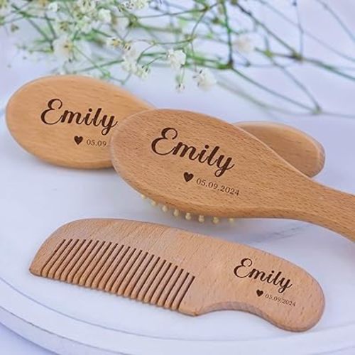 Personalized Baby Brush and Comb Set Custom Cradle Cap Brush Personalized Baby Gifts Baby Hair Brushes Set for Newborns Girls Boys Newborns Toddler Baby Grooming Kit (Design 1)