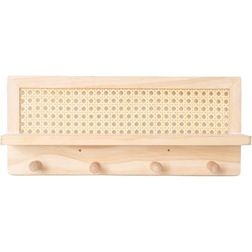 JJSQYLAN Wooden Wall Shelf with Hooks Vintage Style Entryway Wall Hanging Shelf Key Holder Wall-Mounted Coat Hanger 15.7" in (Natural)