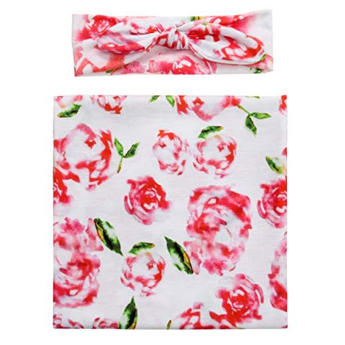 FasterS Infant Floral Swaddle Wrap with Headbands Hats Value Set Newborn Receiving Blanket Photography Props 35X35inch Pink