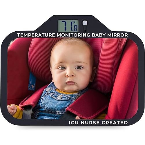 Baby Car Mirror with Temperature Display, Car Seat Mirror for Baby Rear Facing, New Born Essentials Must Haves, Infant Car Seat Mirror for Baby Travel Gear - Wide Angle (Black)