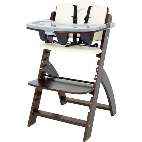 Abiie Beyond Junior Wooden High Chair with Tray - Adjustable and Convertible High Chair for Babies and Toddlers - 6 Months to 250 Lb - Water Resistant - Mahogany Wood/White Cushion