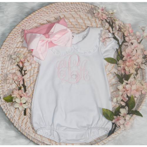 Embroidered Personalized Baby Girl Bubble, toddler outfit, Light Pink Bow/Headband, Monogrammed Romper, Pima Cotton, blanket