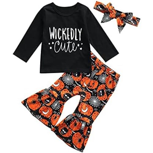 Hnyenmcko Baby Girl Halloween Clothes Set Long Sleeve Letter Tops Pumpkin Bell-Bottoms Pants with Headband 3Pcs Fall Outfits