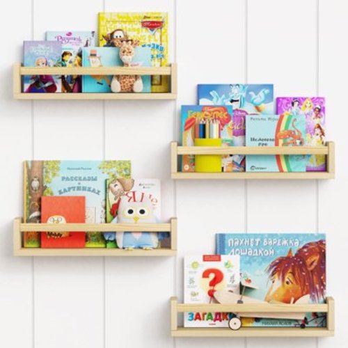 Natural Wood Nursery Book Shelves Wall Mounted, Floating Bookshelf for Kids Room, Toys and Books Storage Organizer Bookshelves for Toddler Child Bedroom Bathroom (4 Pack)