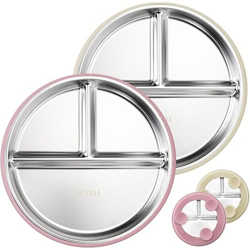 Stainless Steel Kids Plates with Suction, 9” Divided Baby Plates with Removable Silicone Sleeves, Non-Slip Toddler Plates Unbreakable Metal Toddler Bowls Dinnerware Set of 2 (Pink, Beige)